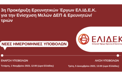 1η Τροποποίηση της 3ης Προκήρυξης Ερευνητικών Έργων ΕΛ.ΙΔ.Ε.Κ. για την ενίσχυση των Μελών ΔΕΠ και Ερευνητών/τριών